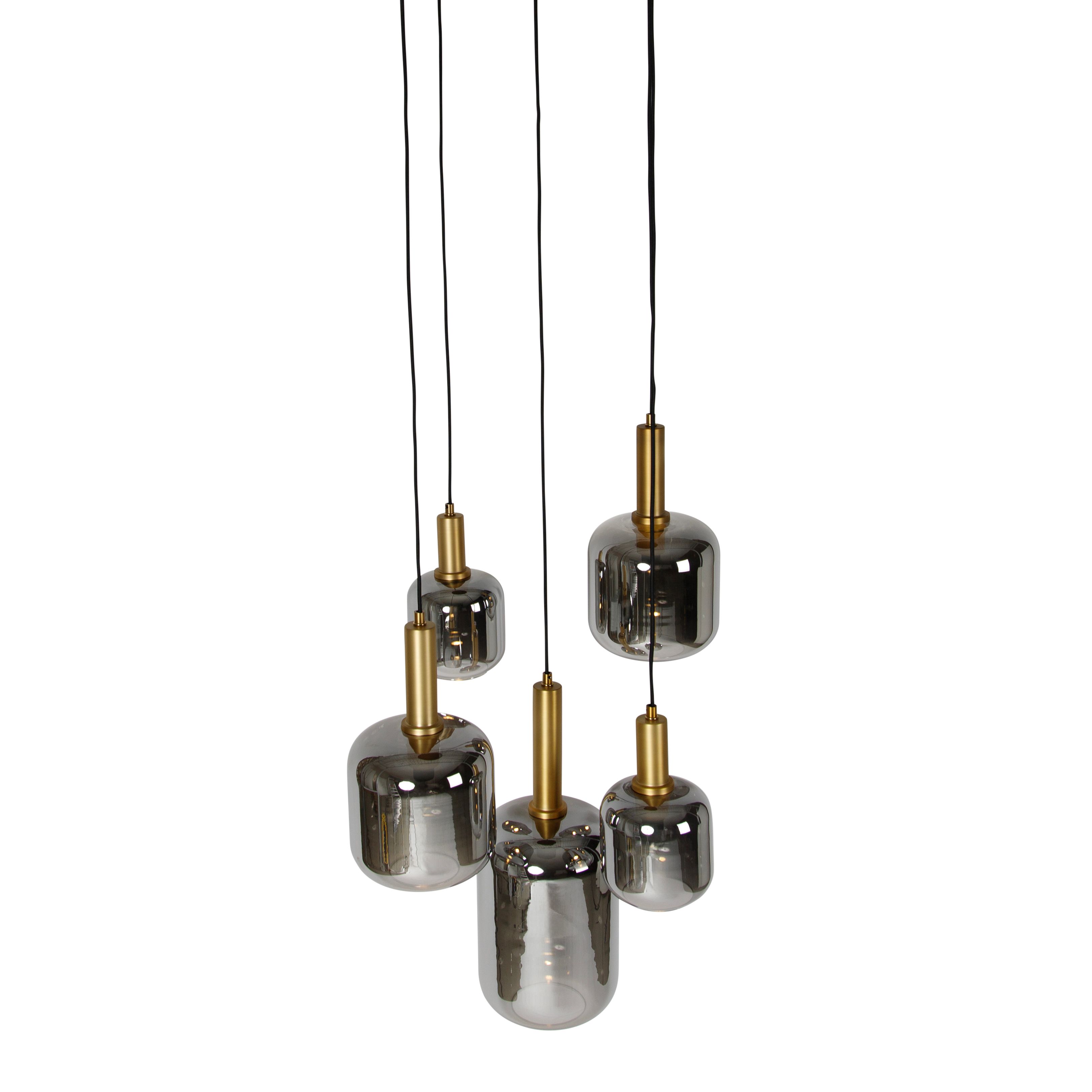 Hanglamp zwart met goud met smoke glas incl. 5 PUCC - Zuzanna