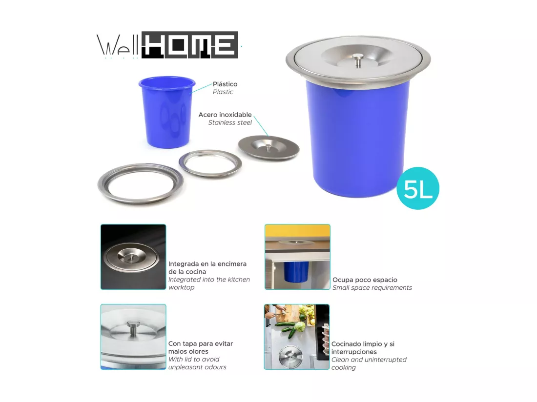 WELL HOME - Poubelle intégrée aux plans de travail, avec couvercle en inox 5L Bleu