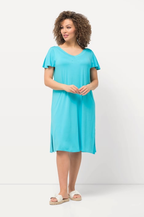 Jersey-Midikleid, A-Linie, V-Ausschnitt, Cup-Ärmel