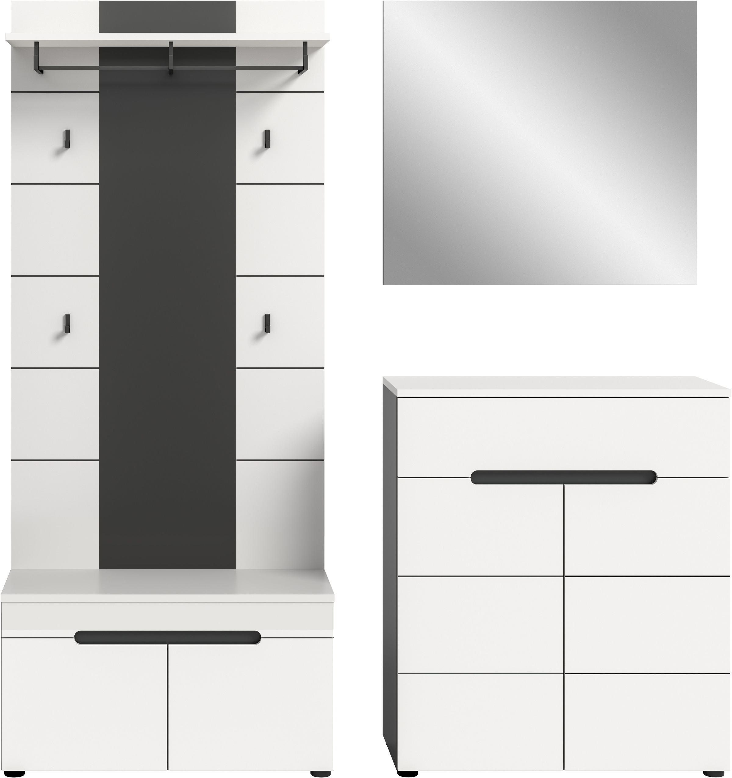INOSIGN Garderoben-Set »REHAT, TOPSELLER!, 4-teilig, Breite 175 cm, individuell erweiterbar« Set, bestehend aus: Sitzbank, Paneel, Spiegel und Kommode, 4 Stk. tlg.