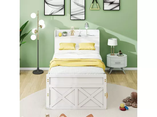 Lit gigogne avec 2 tiroirs - 90 x 190 cm - étagères de rangement et prise USB - bois massif -blanc