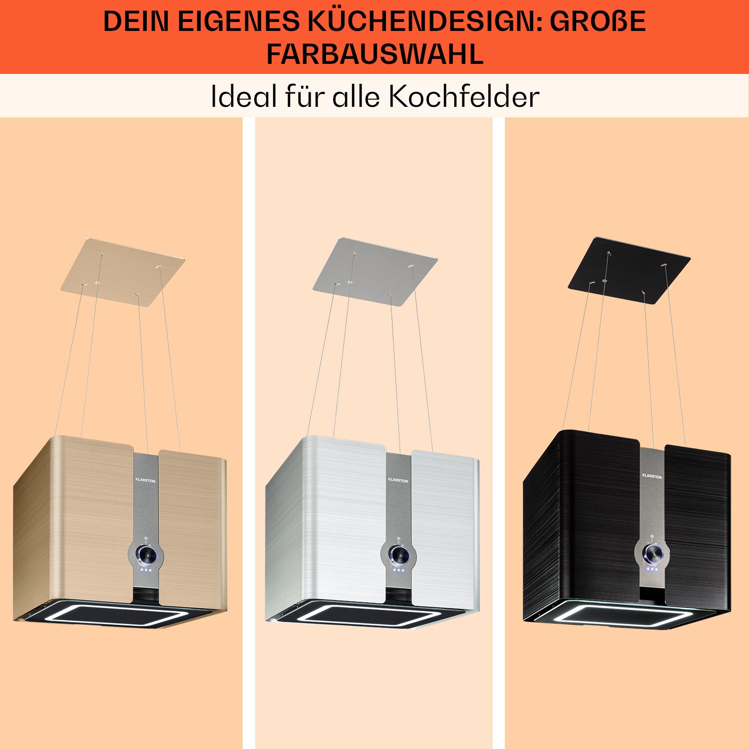 Futurelight Smart Inselabzugshaube Umluft 420m³/h LED Edelstahl Gold