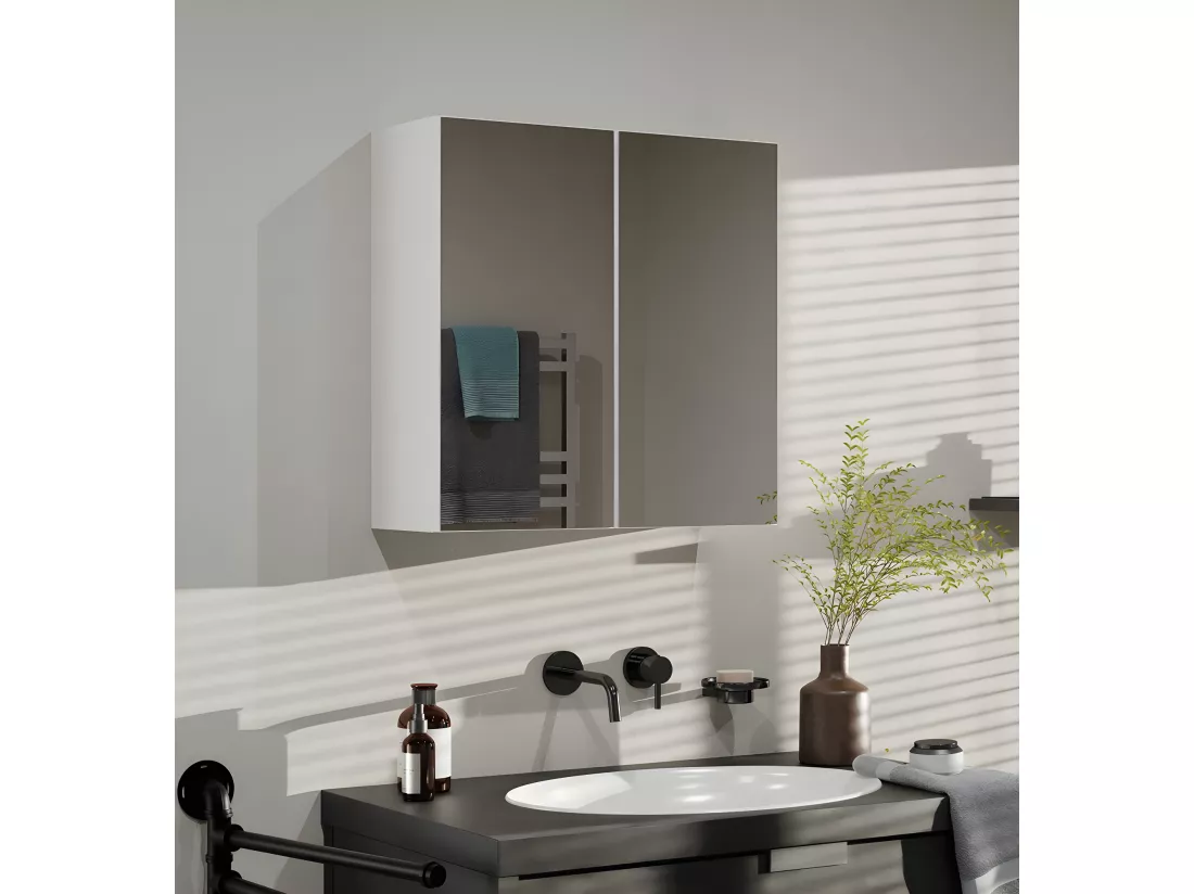 SOFYA - Armoire de toilette murale 2 portes - Meuble SDB avec miroir - Dimensions 60x22x60 cm - Rangement Salle de bain
