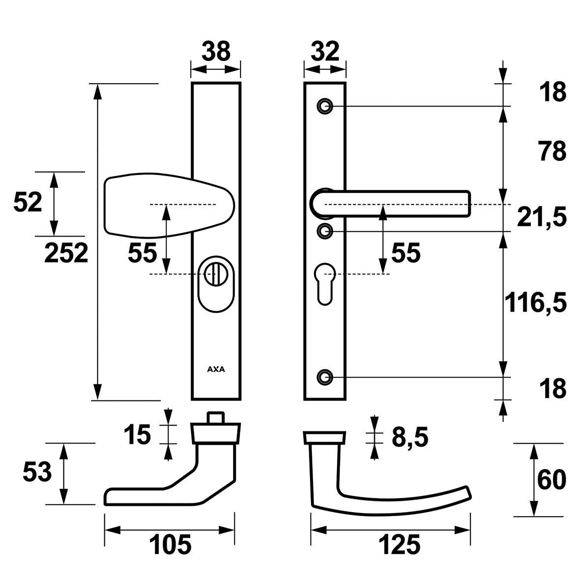 AXA 6767 Veiligheidsbeslag Edge Plus smal Wing-knop kruk Blok PC55 anti-kerntrek F8 - 6767-49-18/55K