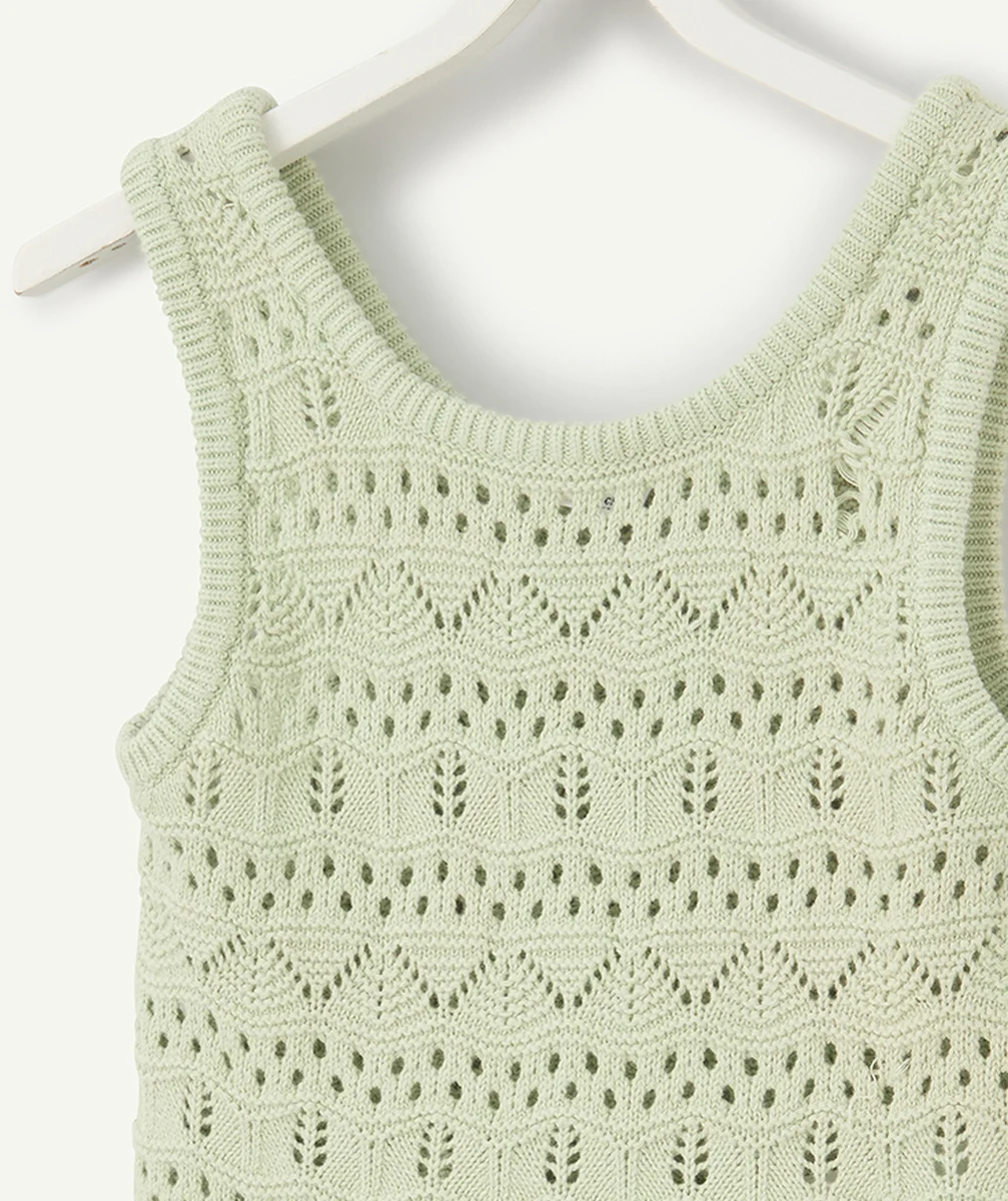pull sans manches fille en tricot ajouré vert pastel