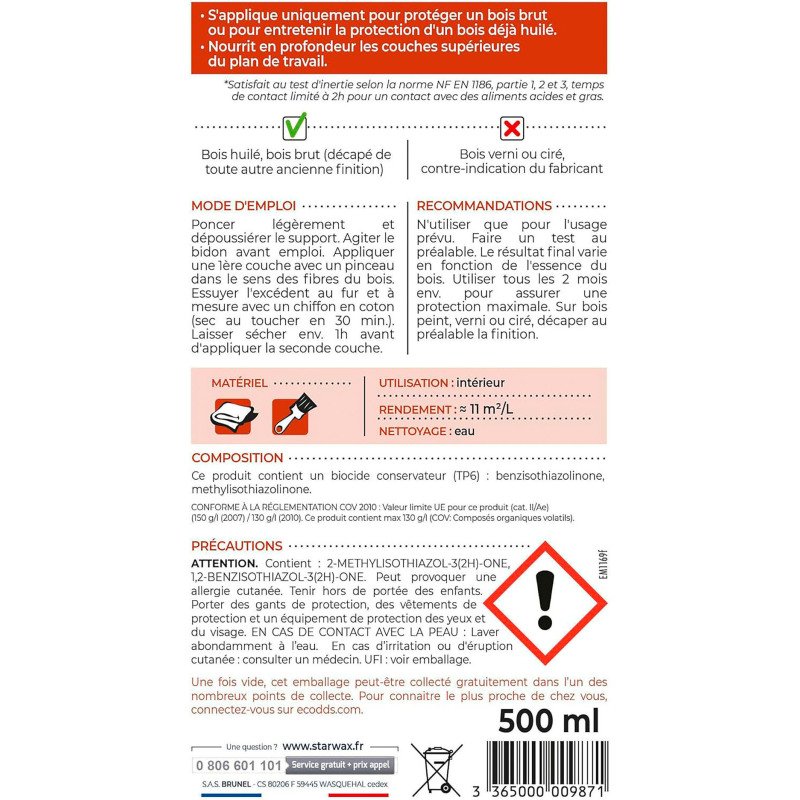 Huile protectrice plan de travail bois huilé - incolore - 500 mL
