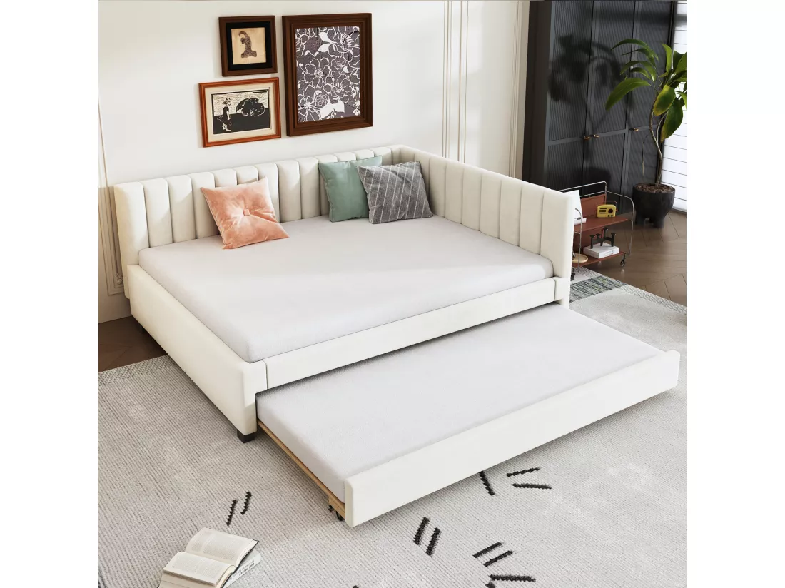Lit banquette capitonné 140x200 cm - avec lit gigogne 90x190cm - tissu en velours - Beige