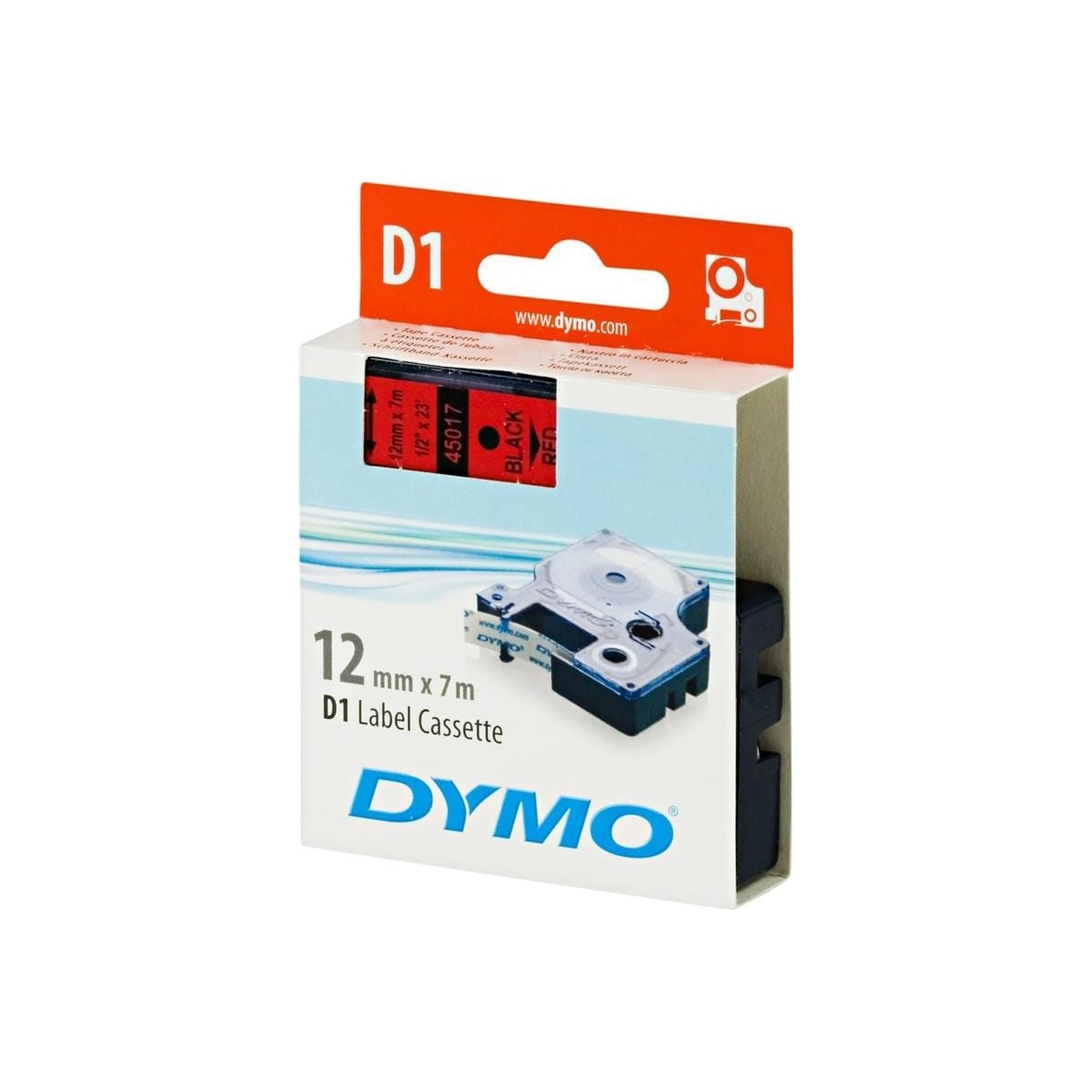 DYMO D1 märktejp standard 12mm, svart på rött, 7m rulle (45017)