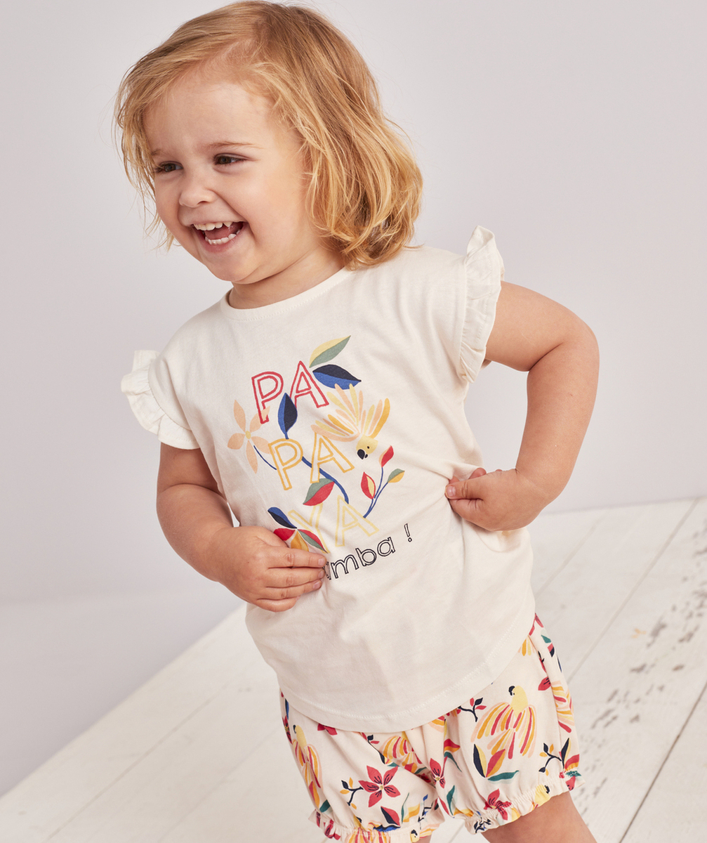 T-SHIRT BÉBÉ FILLE EN COTON ANTI-UV BIO IMPRIMÉ TROPICAL