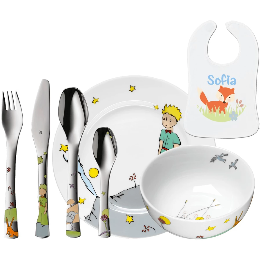 Schnullireich Geschenkset mit Namen Kleiner Prinz: WMF Kinderbesteck + TellerSchale+ Lätzchen Silber