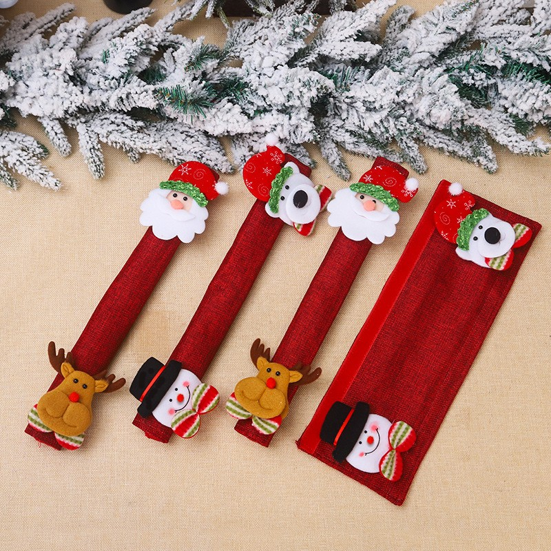 (4er Set) Stoff Weihnachts Griff Abdeckung Christmas Türgriff Schutz Schoner für Kühlschrank / Mikrowelle / Geschirrspüler - Rot
