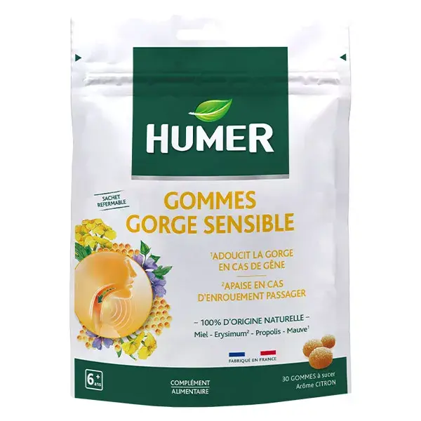 Gomas de mascar Humer Sensitive para garganta. Alivia a garganta a partir dos 6 anos de idade.