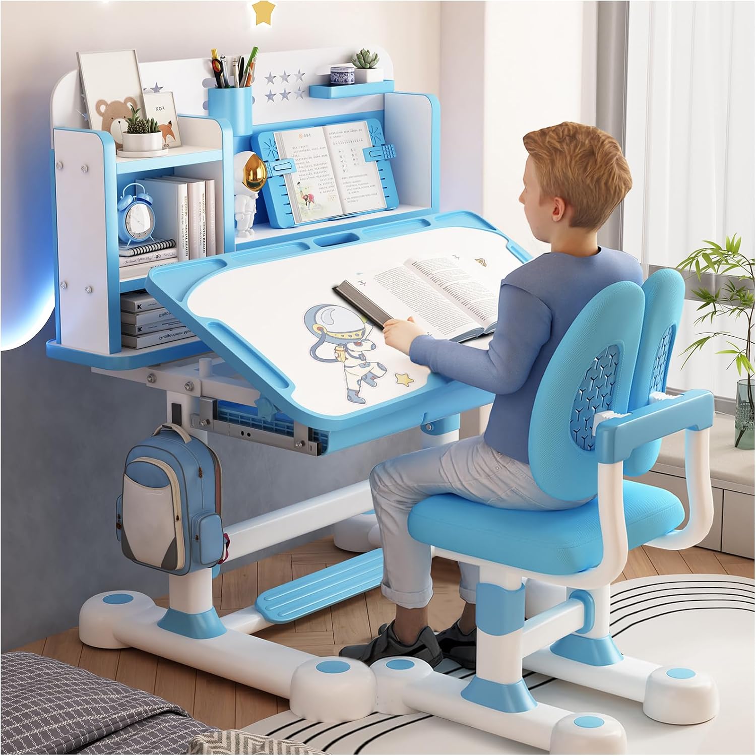 Höhenverstellbarer Kinderschreibtisch mit Stuhl Set - Ergonomischer Schreibtisch für Kinder ab 6 Jahren, Schreibtisch mit Stuhl für Jungs & Mädchen, verstellbarem Fußbrett & Bücherstände (Blau)
