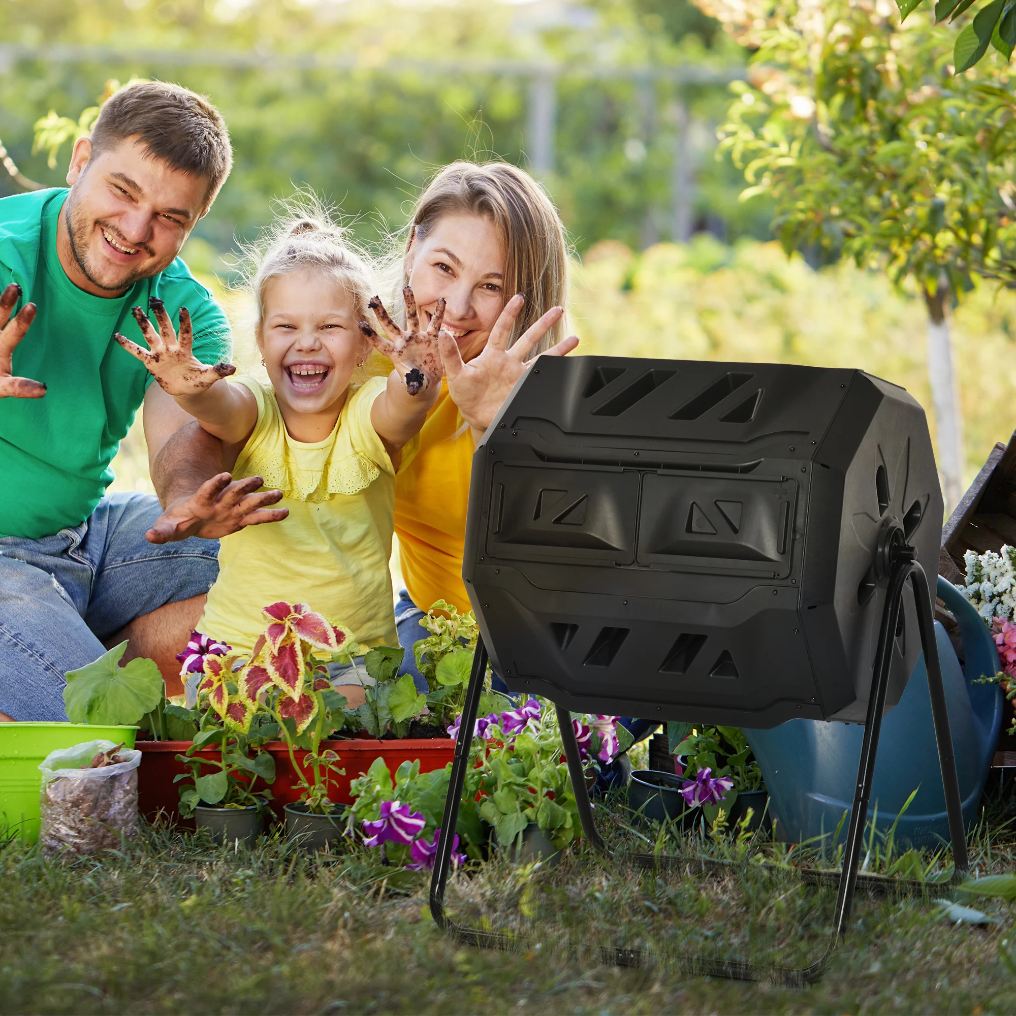 Compostor rotativo de tambor preto Outsunny com recipiente de câmara dupla para jardim.