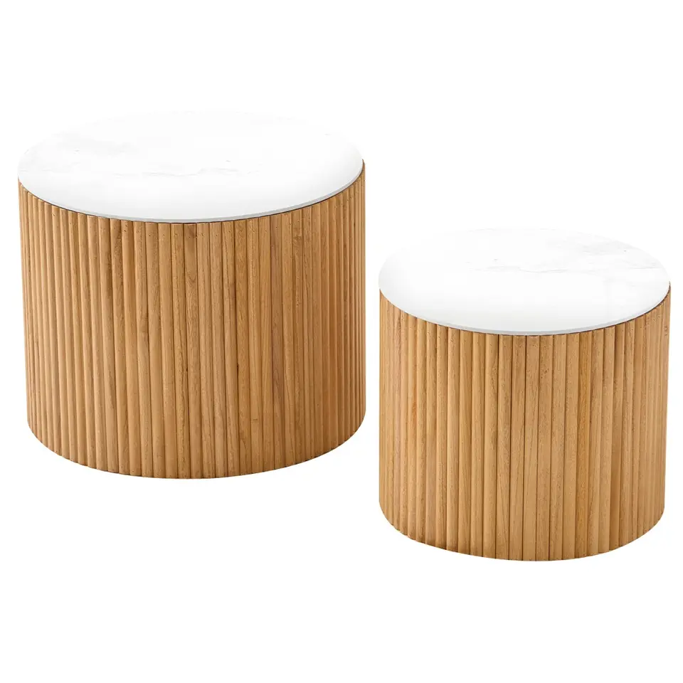 Set van 2 ronde salontafels van massief hout met opbergruimte