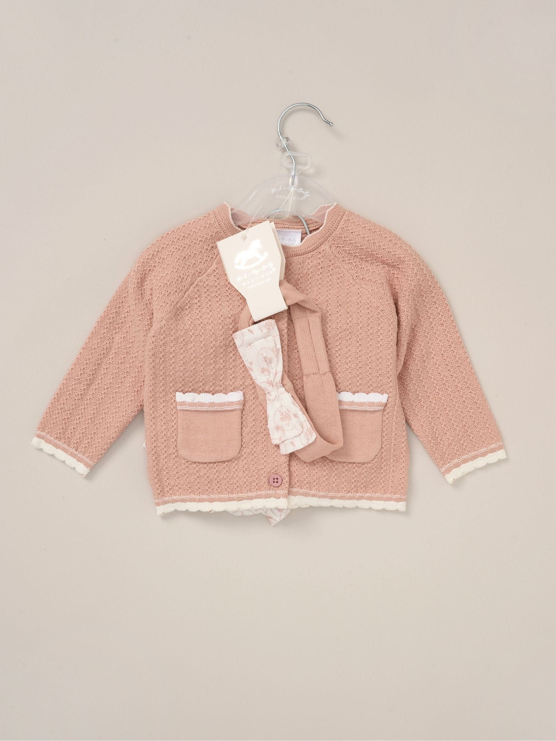 Rock-A-Bye Baby Boutique Pink Cardigan Woven Dobby Shorts Headband and Tights Outfit Set