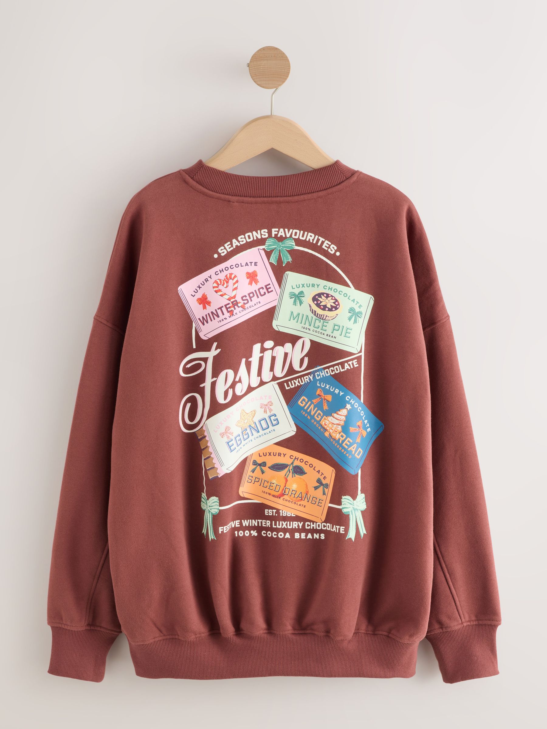 Chocoladebruin - Seizoenssweatshirt met ronde hals, lange mouwen en katoenrijke grafische Kerstmis