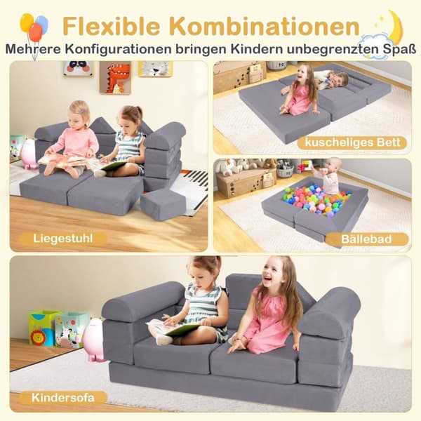 Modulær barnesofa 9-delt lekesofa laget av skumbyggeklosser med behagelig semsket skinnstoff grått