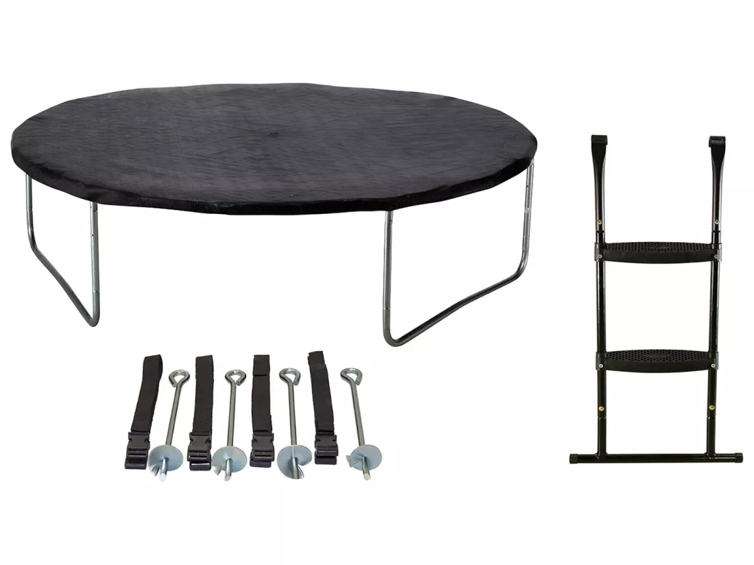 Kangui - Trampoline de jardin 305 cm + filet + échelle + bâche + kit d'ancrage JUMPI Taupe/Vert