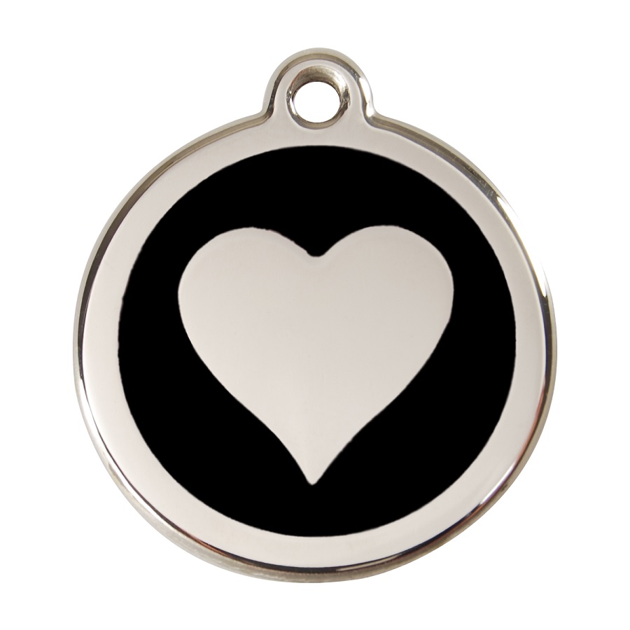 Placa de identificação para cães em aço inoxidável esmaltado com formato de coração preto