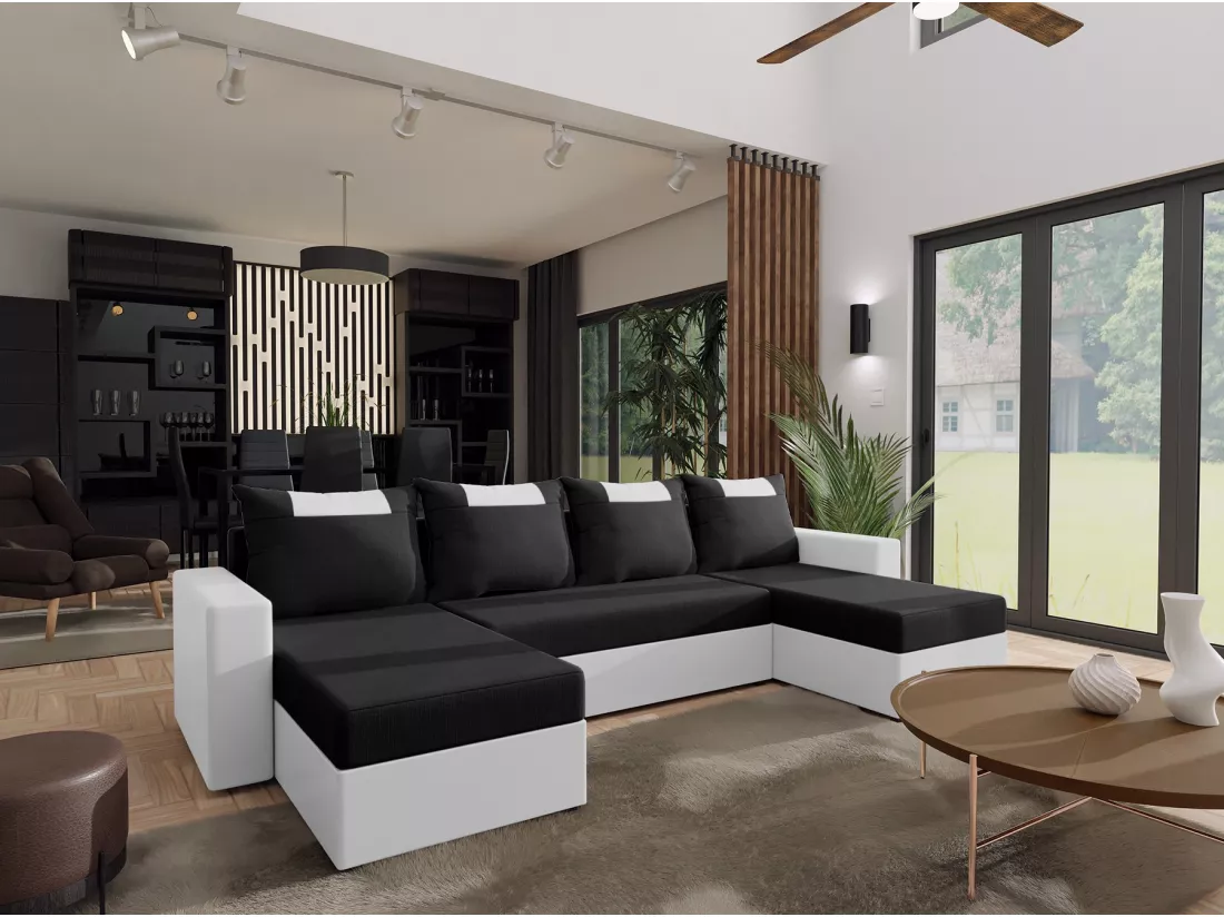 CANAPÉ PANORAMIQUE avec fonction de couchage Susanne jusqu’à 8 places, Noir+Blanc