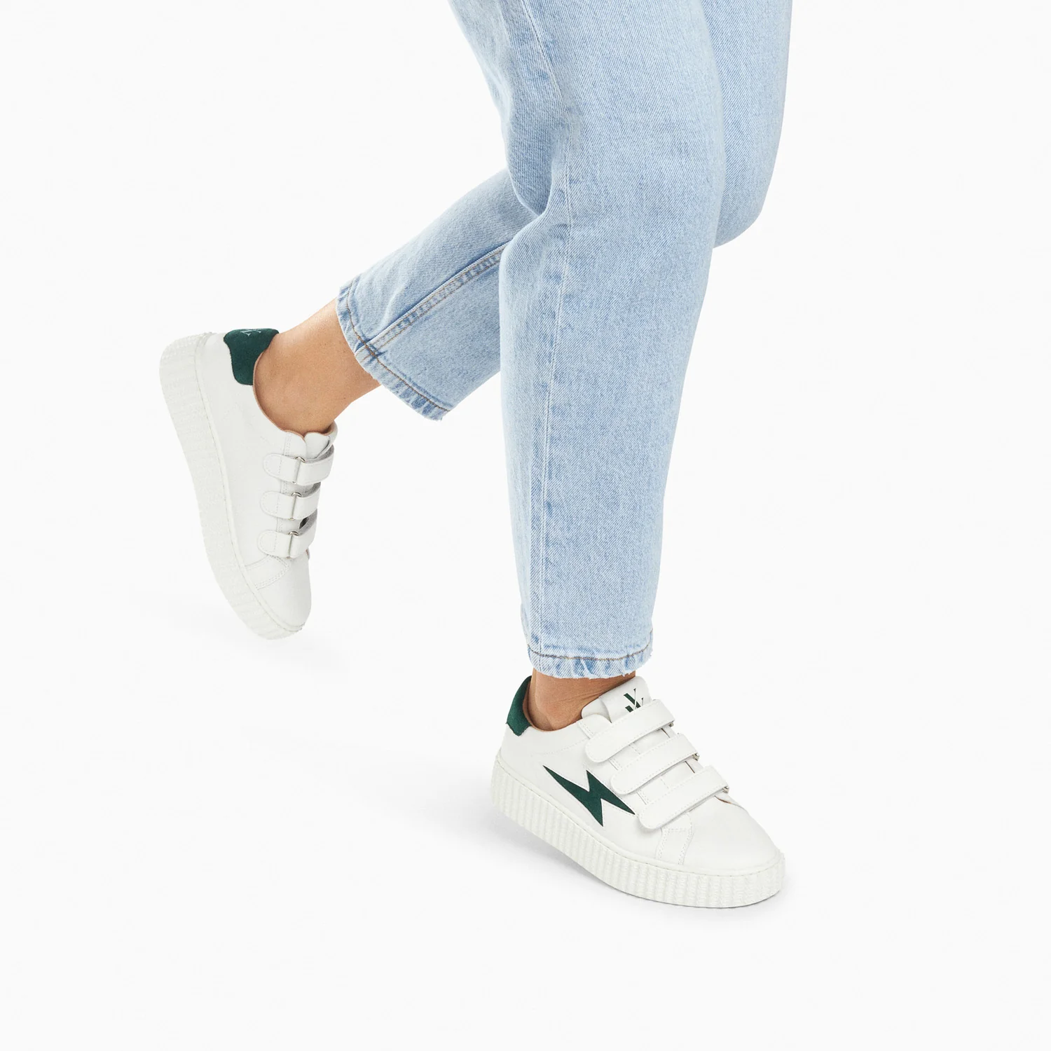 Sneakers-Baskets éclair Vicky blanc et vert sapin à scratchs