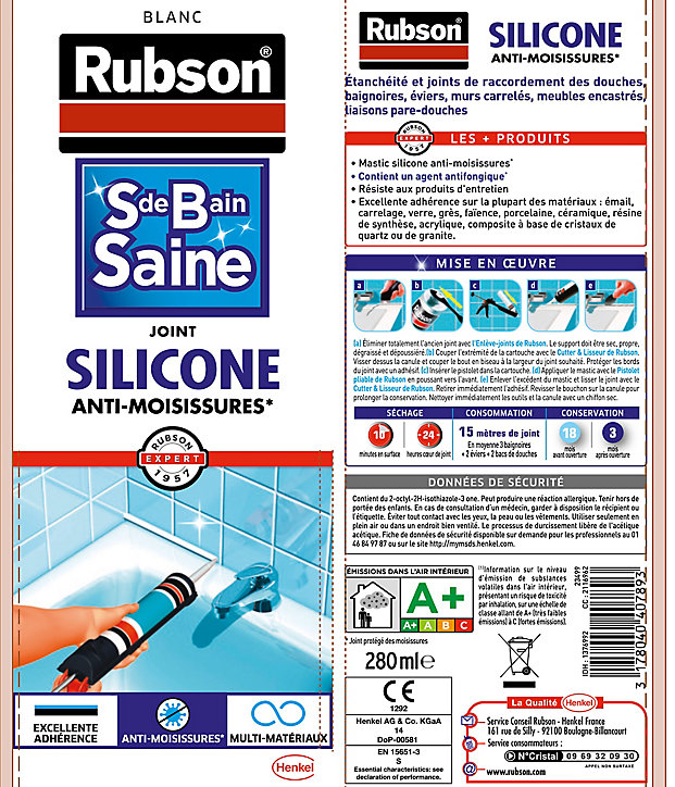 Lot de 2 Mastic Rubson Sanitaire Salle de bains Saine Mastic blanc cartouche 280ml