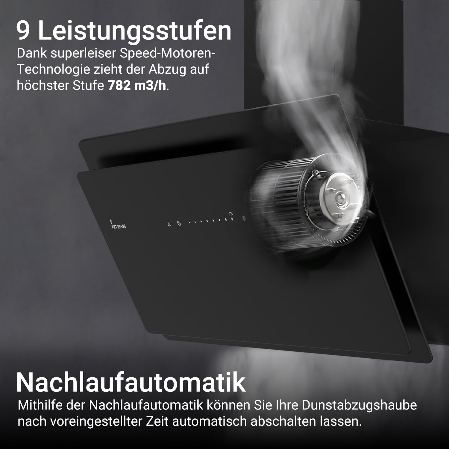 KKT KOLBE A+++ Dunstabzugshaube 90 cm 782 cbm/h | Umluft | Abluft | Kopffrei | Wandhaube | Schräghaube | Schwarz | Glas | Nachlaufautomatik | SensorTouch | LED-Beleuchtung | SOLO9005S