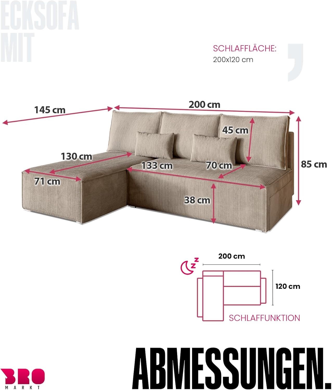 BROMARKT Ecksofa mit Schlaffunktion Sofa l Form Couch mit Bettkasten Wohnzimmer Möbel Cord Schlafsofa Wohnlandschaft Sofa 3 sitzer TOP 200x85x145 cm Beige