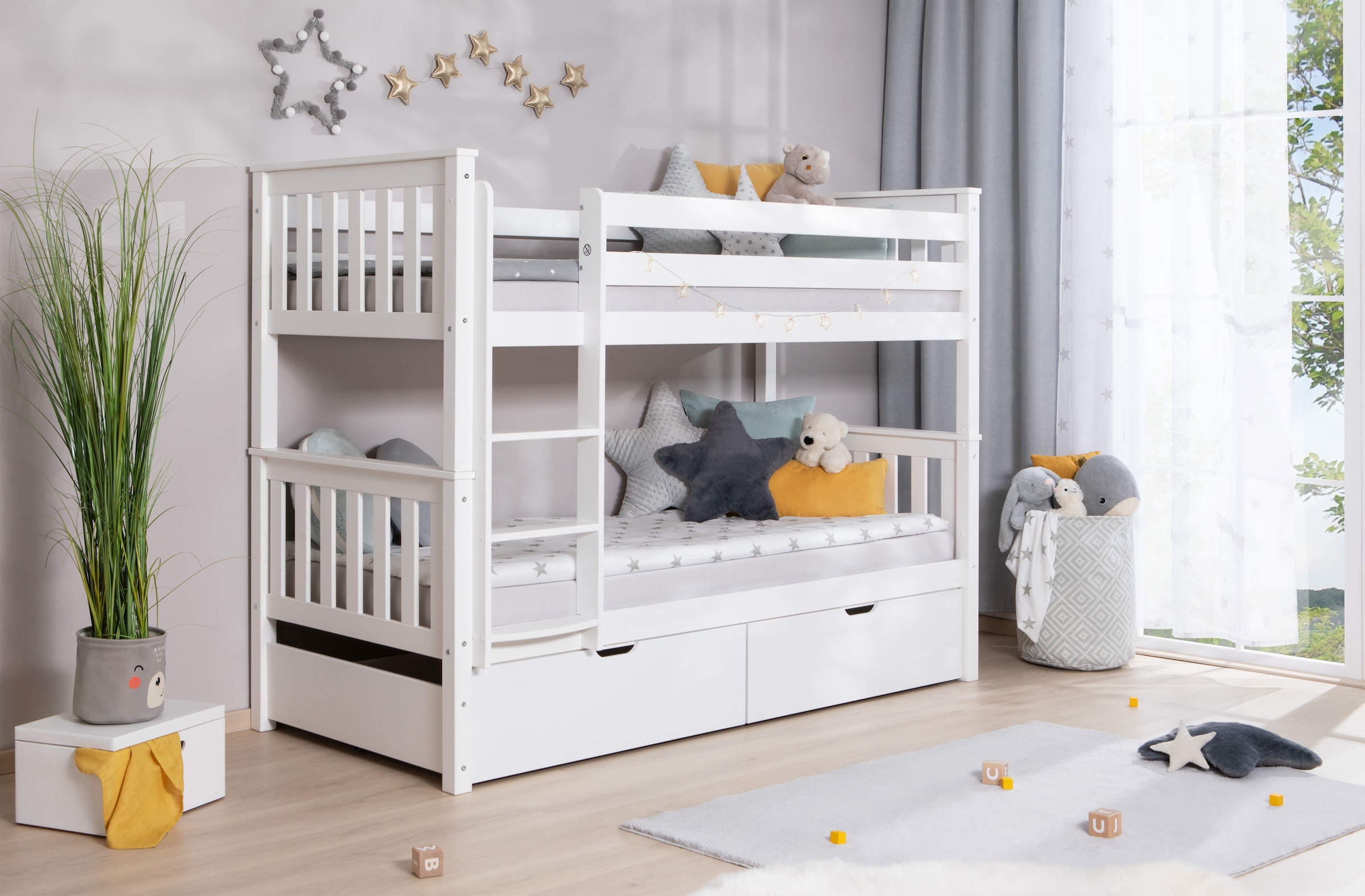 Ticaa Etagenbett »Sammy« mit Rollrost und Schubkästen »Melanie«, Kiefer