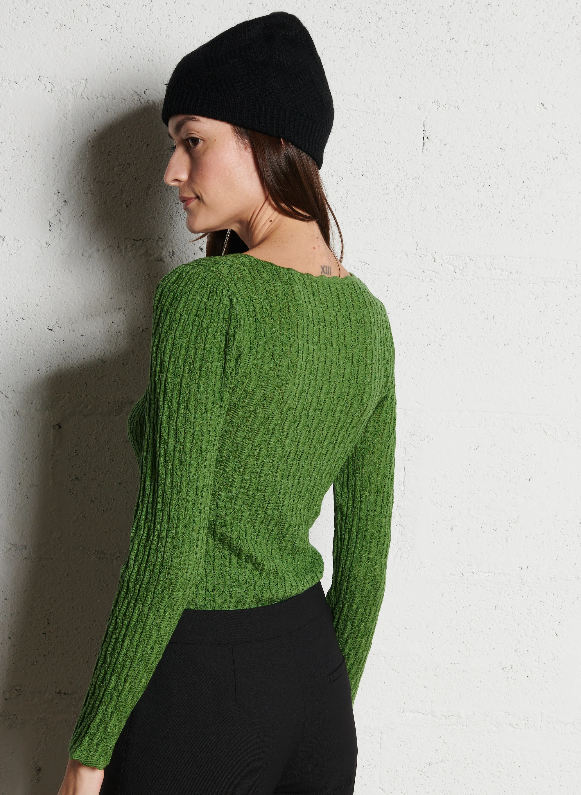 ADELOU - Pull col carré ajusté en maille | Vert