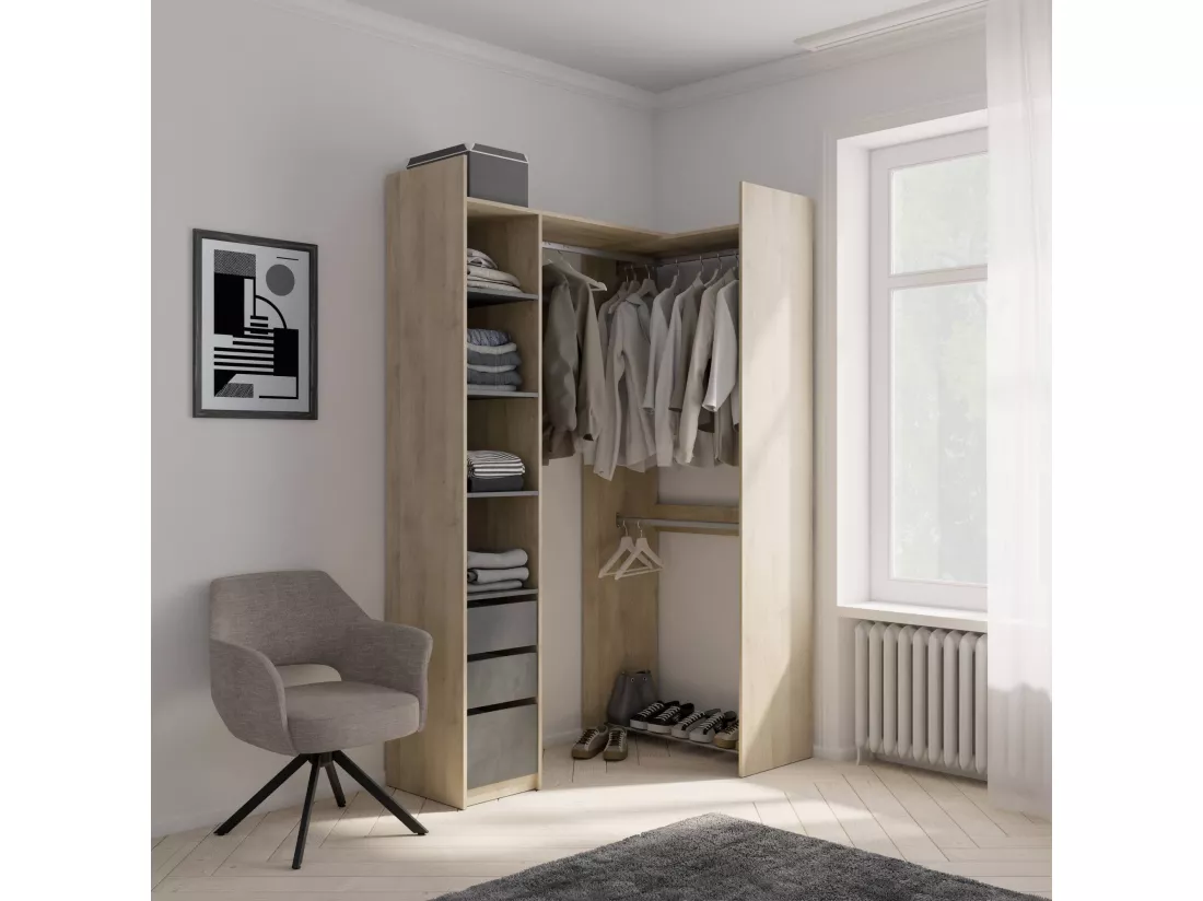 Grande Garde-robe Dshimiz, Meubles de chambre, Penderie de plain-pied, Placard à vêtements, 200x44 h218 cm, Chêne clair
