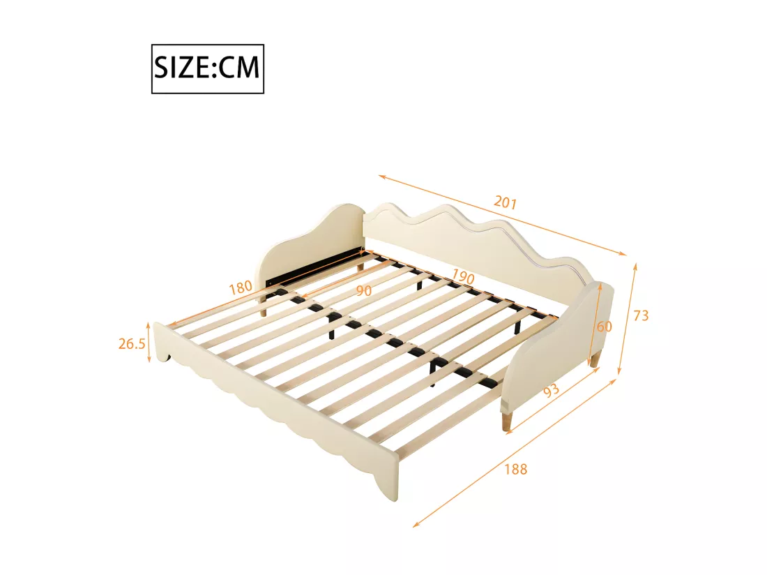 Lit gigogne tirable 90(180)x190 cm - en similicuir - avec éclairage LED et sommier à lattes - Beige