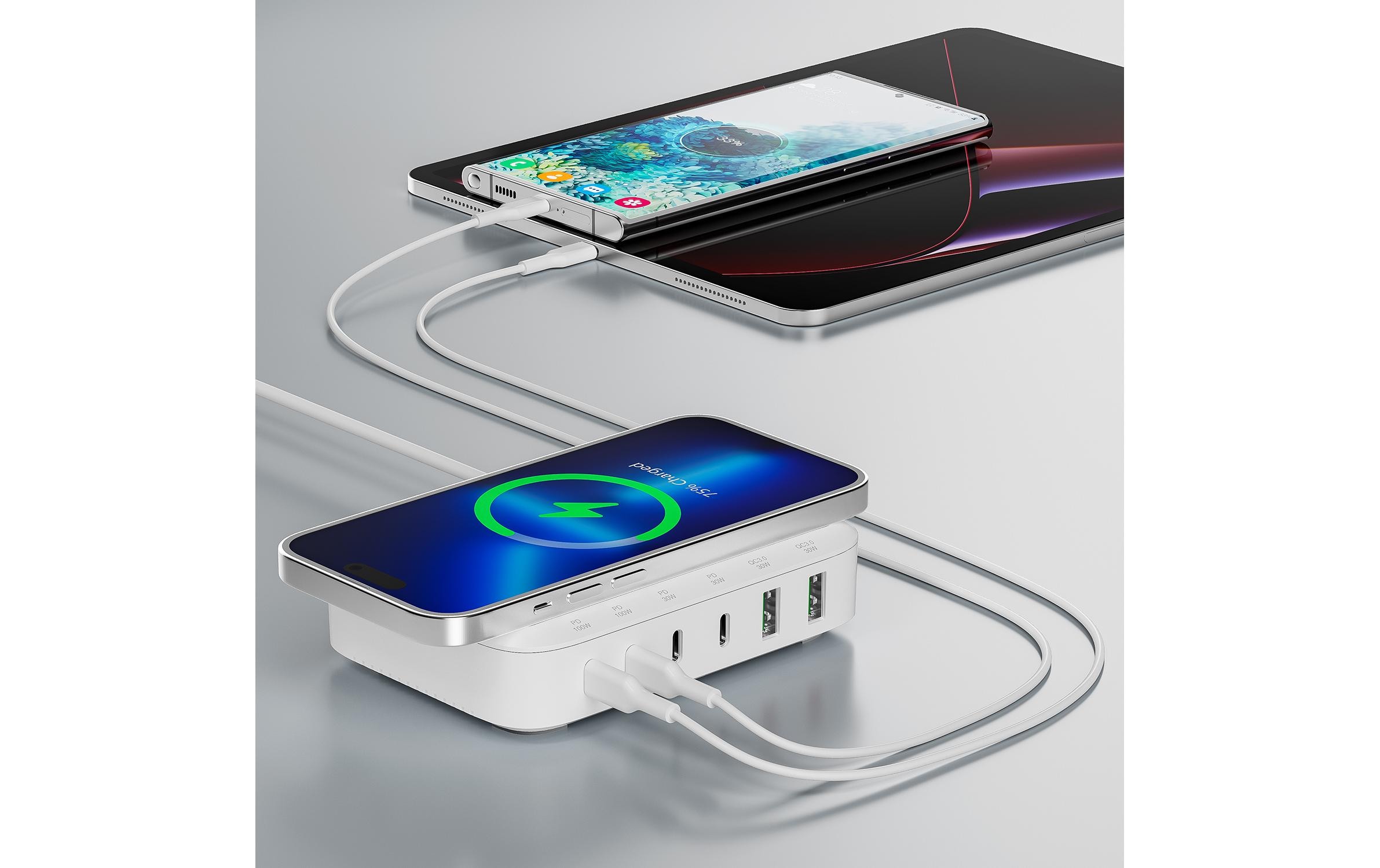 7in1 GaN Ladestation Weiss7-Port Ladestation mit Schnellladefunktion und integrierter kabelloser Ladefläche