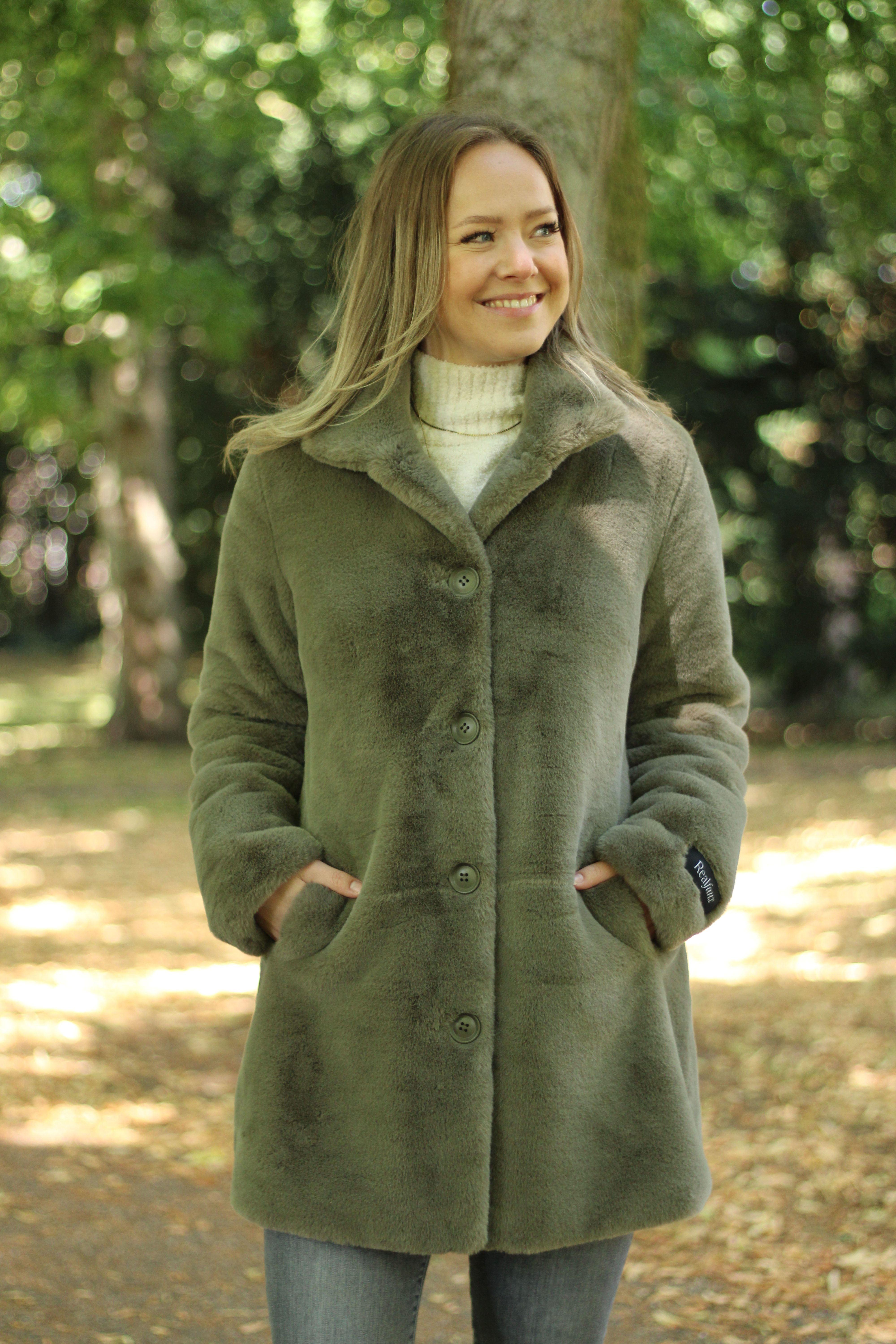 Rino & Pelle - Nonna Single Breasted Fake Fur Coat - Green Ash