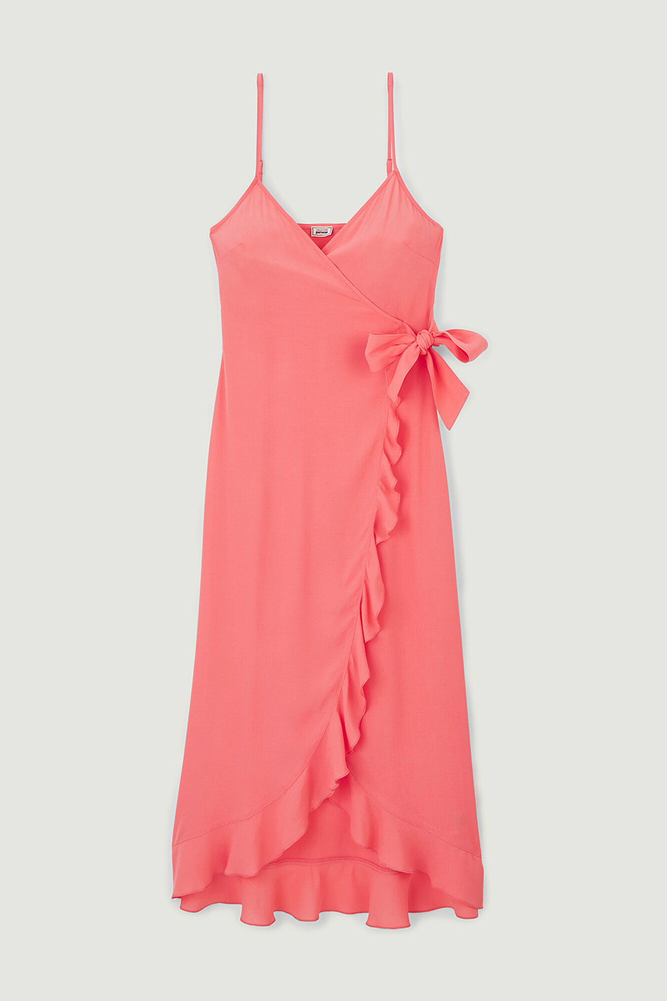 Vestido longo envelope com babados