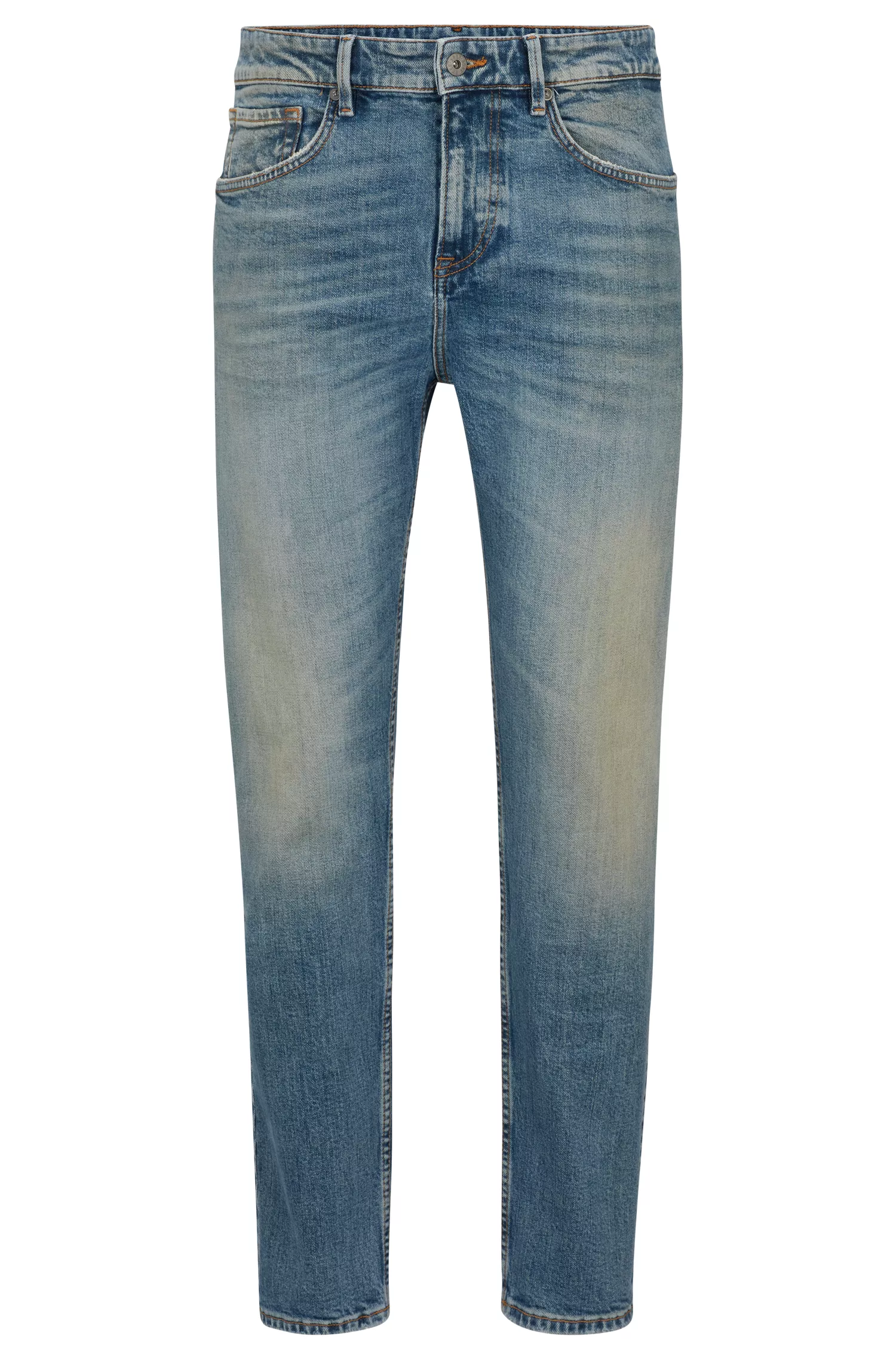 Calça jeans BOSS laranja, corte afunilado, em denim italiano selvedge azul.