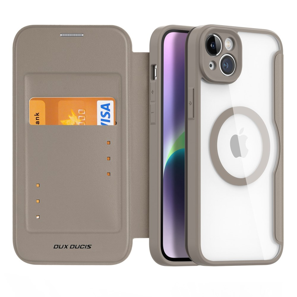 iPhone 14 Pro MagSafe Hybrid Leder Tasche   Kunststoff Rückseite - Khaki / Transparent