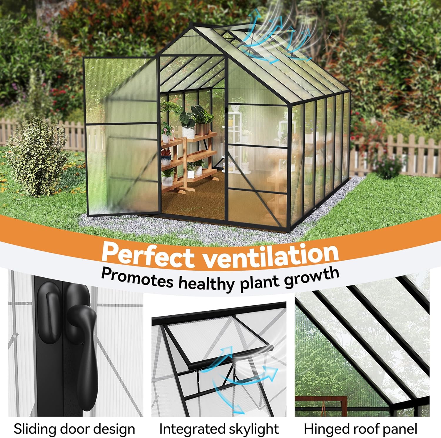 Gewächshaus Aluminium Treibhaus mit Transparent PC Platten Dachfenster & Tür & Fundament 125x180x195cm Winterfest Gartengewächshäuser Begehbares Pflanzenhaus für Garten Outdoor