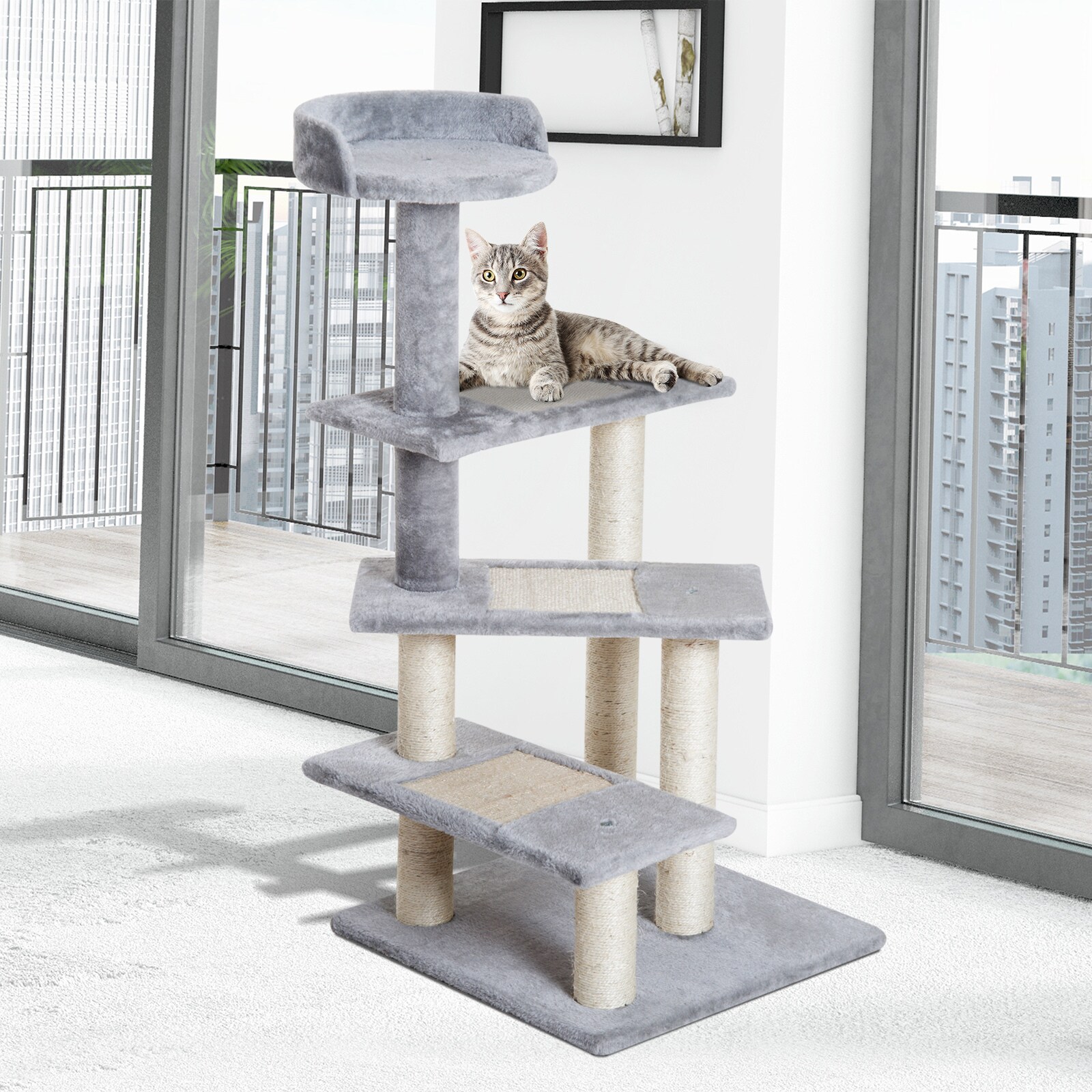 PawHut Kletterbaum mit 5 Ebenen beige, grau 48 x 48 x 101 cm (LxBxH)