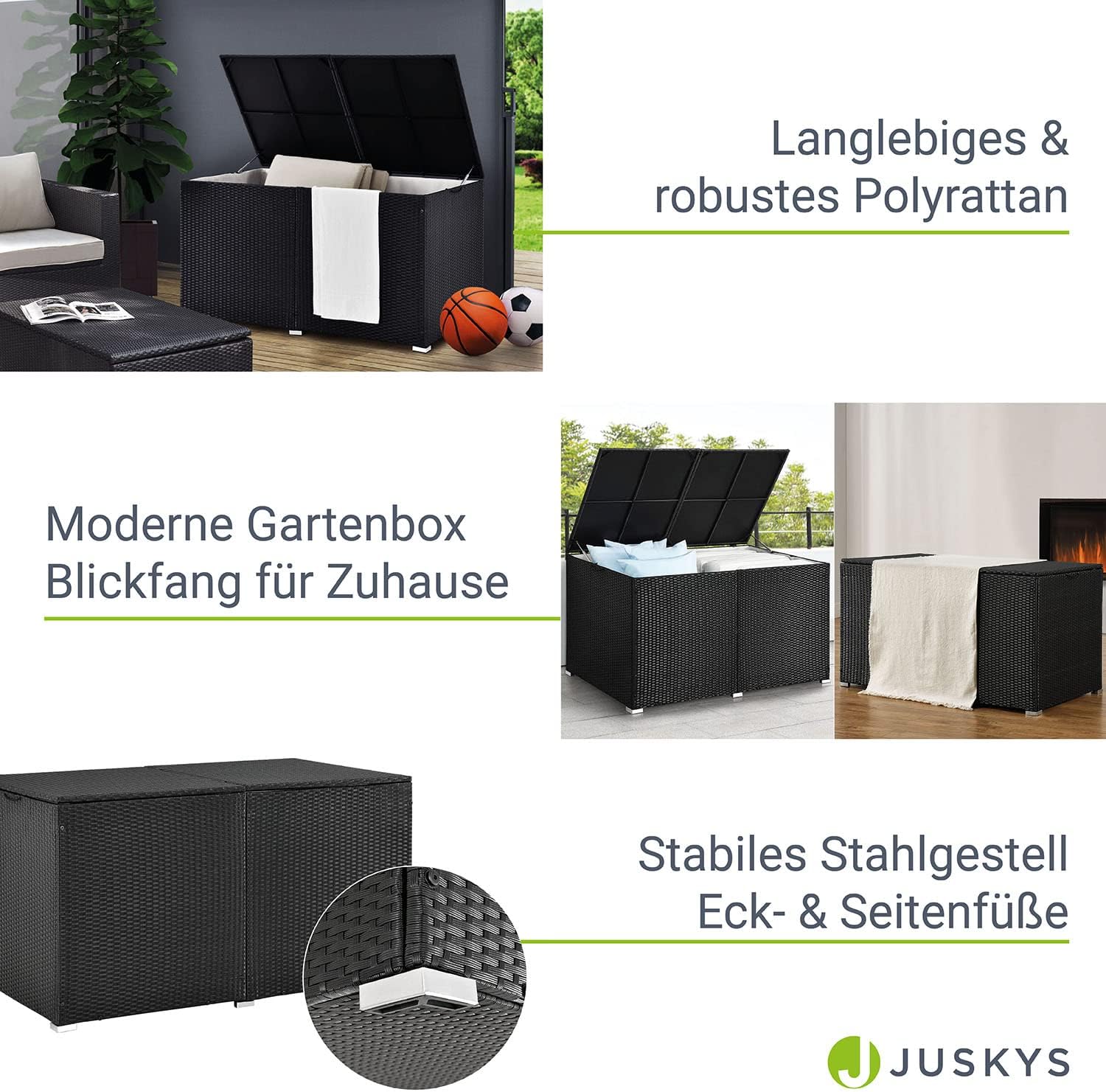 Juskys Polyrattan Auflagenbox Ikaria 950 L inkl. Deckel mit Hubautomatik & Innenplane - Kissenbox 145 x 82 x 79 cm für Garten - Gartenbox schwarz