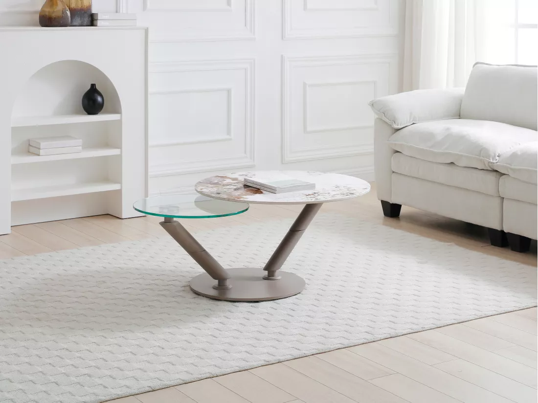Table basse avec plateaux pivotants en céramique, verre trempé et métal taupe - Effet marbre blanc et gris - ELDOVA