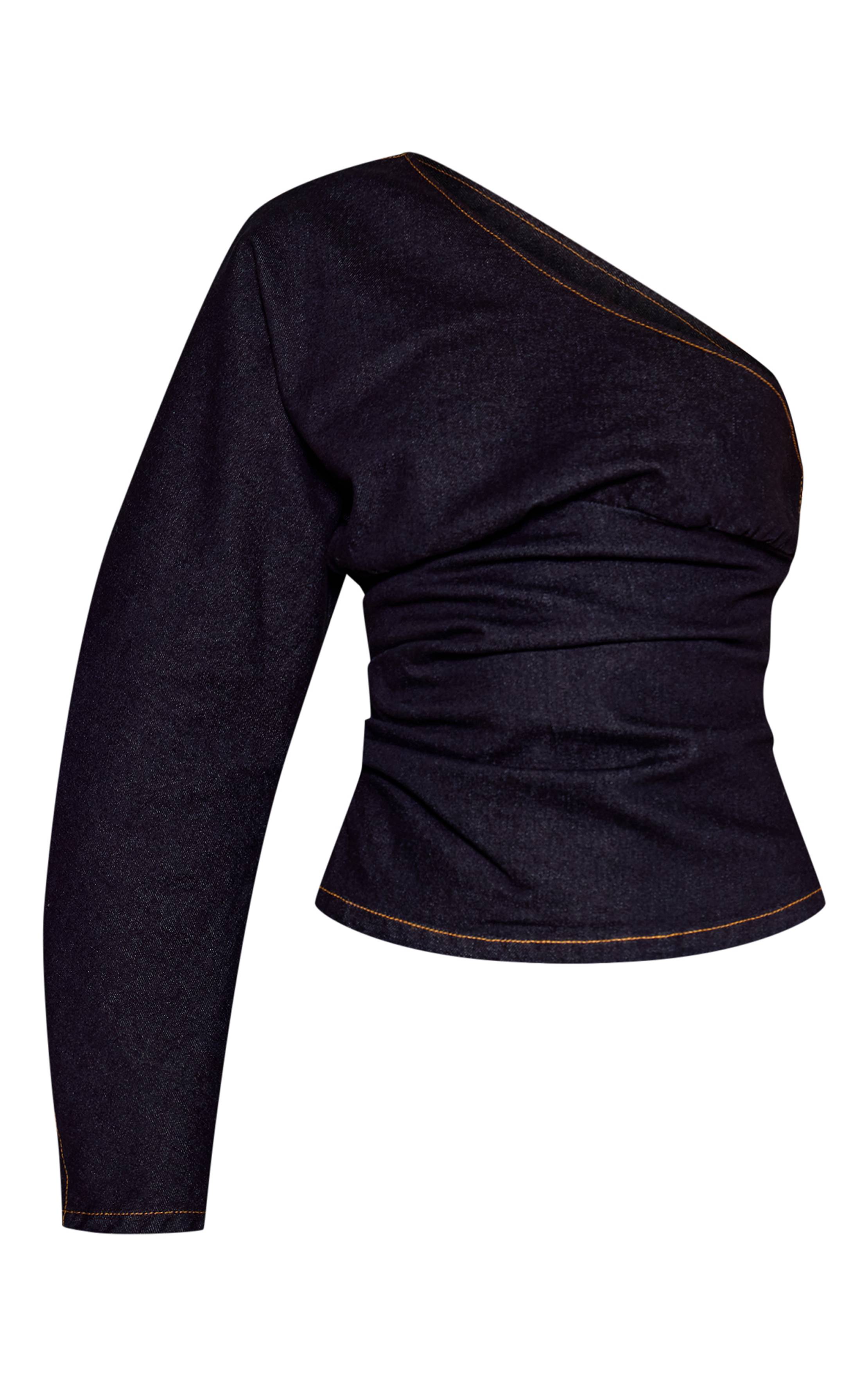 Raw Indigo Wash Top En Denim À Manche Unique Froncée