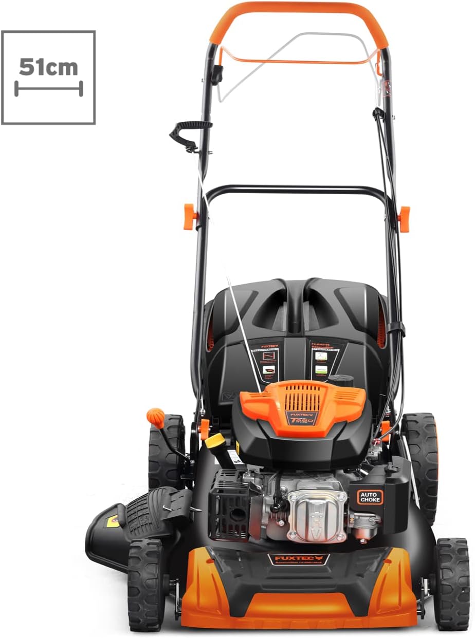 FUXTEC 4in1 Benzin Rasenmäher FX-RM5196 mit Edge-Cut, Gartenmäher inkl. Seitenauswurf-Funktion, 51 cm Schnittbreite, 4-Takt mit Hinterradantrieb, kugelgelagerte Big Wheel Räder, 60L Grasfangkorb
