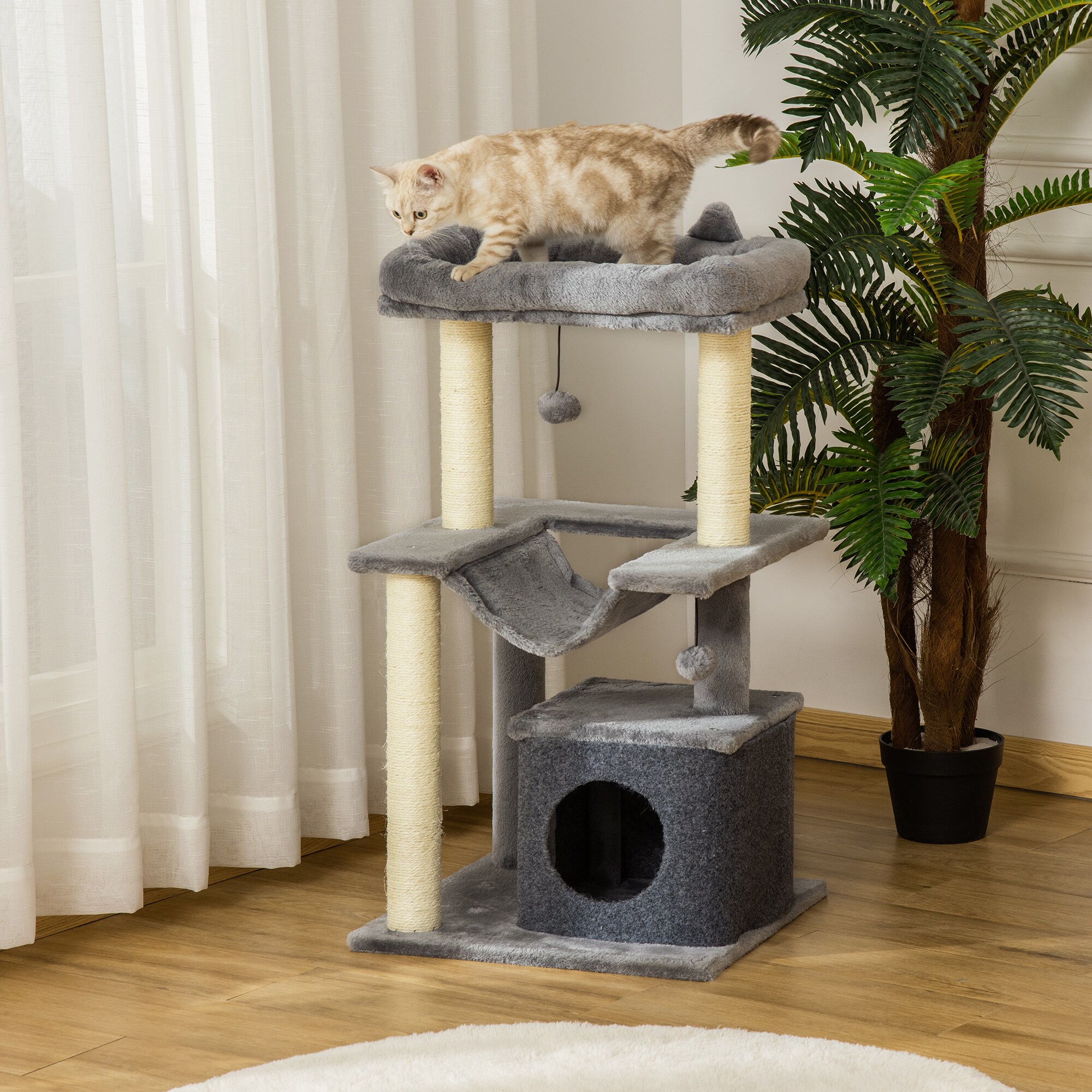 PawHut Kratzbaum mit Höhle grau 48L x 48B x 100H cm