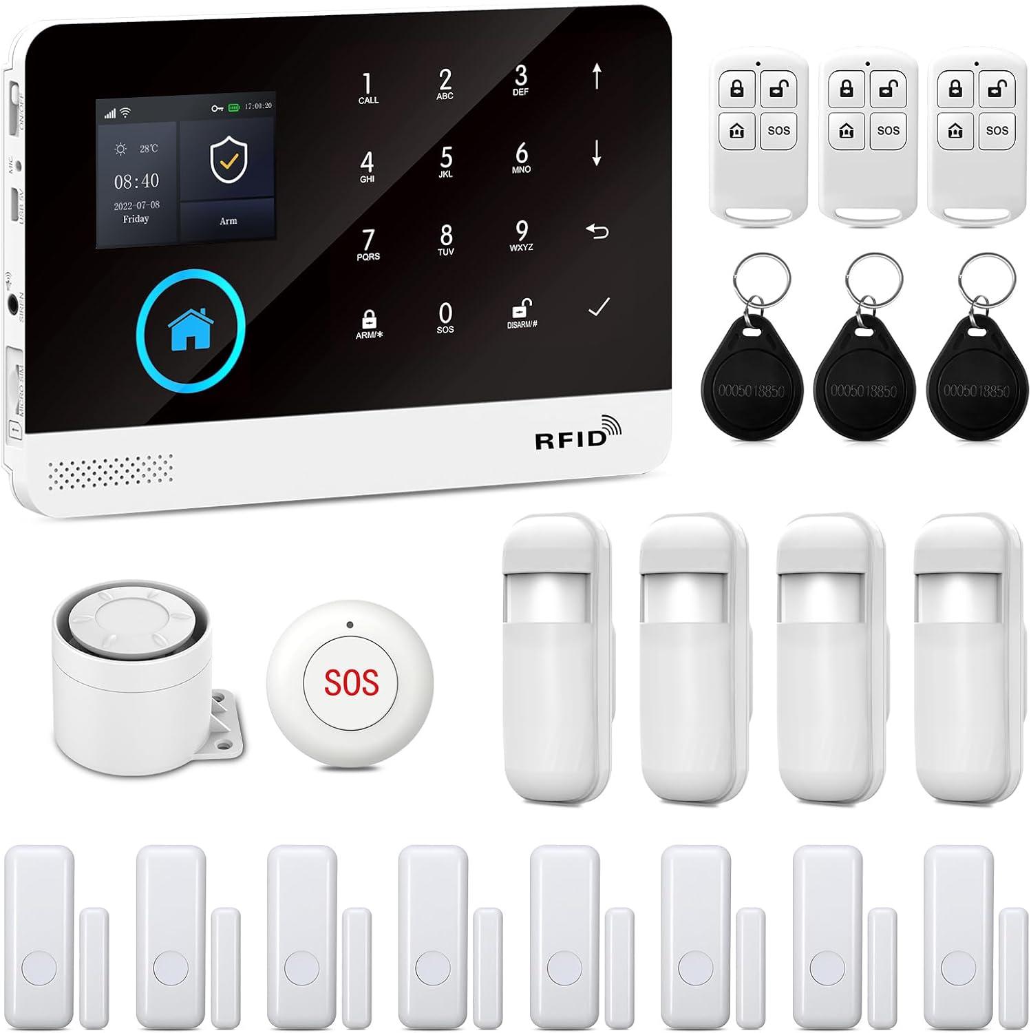 XNY 4G Alarmanlage Haus, WLAN Drahtloses Alarmanlage Wohnung mit APP-Benachrichtigung, 21 Stück(4 Bewegungsmelder, 8 Fenster Tür Sensoren, Fernbedienungen, Alarmsirene), Funktioniert mit Alexa