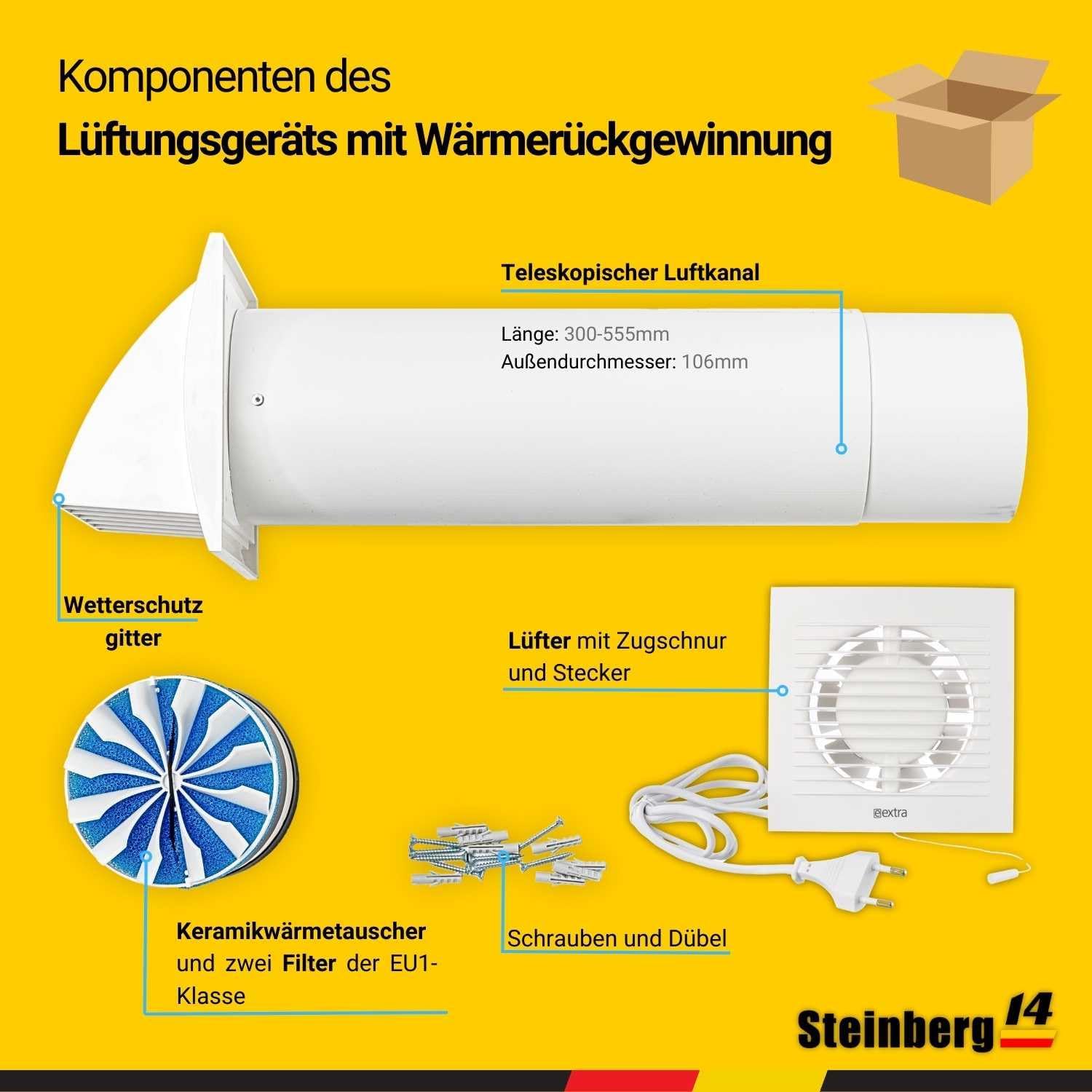 Steinberg14 Weiß 100mm Dezentrale Lüftung mit Wärmerückgewinnung - Rekuperator mit Kabel und Zugschnur - Wandlüfter mit Wärmetauscher - Raumbelüftung Wohnraumlüftung Belüftungssystem Lüftungsanlage