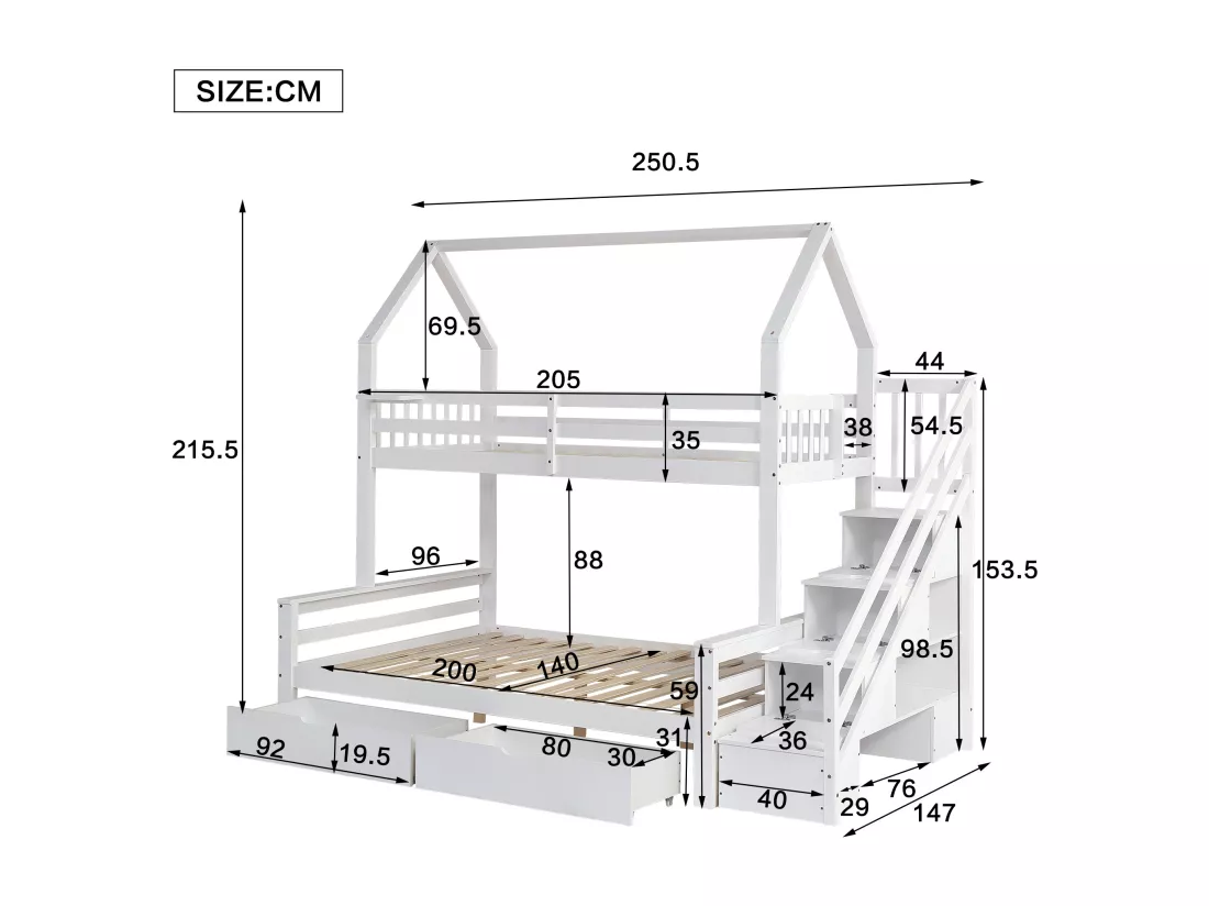 Lit superposé en bois de pin et MDF - 90x200 cm + 140x200 cm - avec échelle de rangement et 2 tiroirs - Blanc