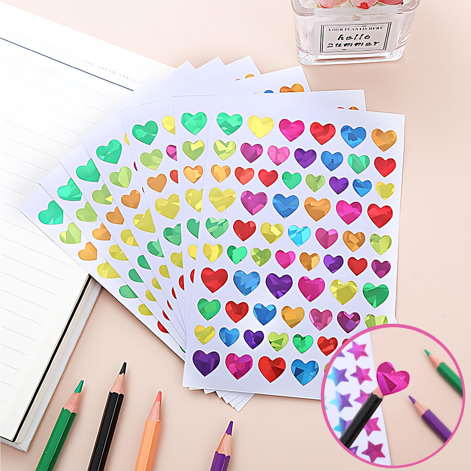 (2070er Set) 10-15mm Herz Aufkleber Heart Sticker Selbstklebende Etiketten in 3D Optik - Bunt