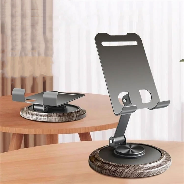 Universal Faltbare Carbon Smartphone Tischständer Halterung mit 360° Rotation mit Holz-Optik Basis - Grau